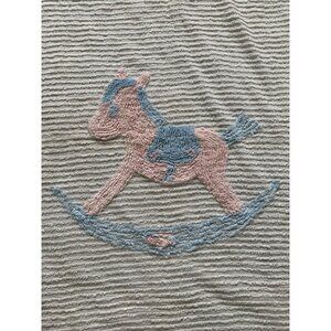 Vtg Chenille Pink Rocking Horse Baby Blanket Lightweight Bedspread 42x64 Adorabl